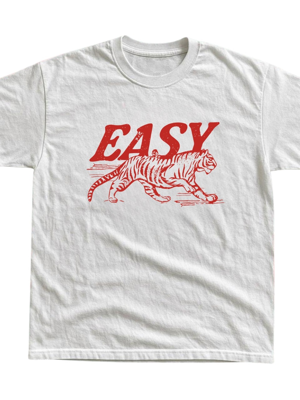 Gildan White Tee with Red 'EASY' Tiger Graphic, Gift for Her, For Him